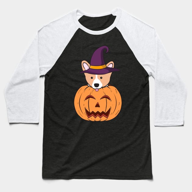 Halloween Cute Corgi With Witch Hat Stuck In A Pumpkin Head. Baseball T-Shirt by Candaria